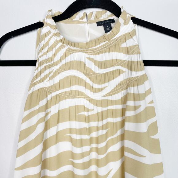 New Ann Taylor Medium Cream Tan Zebra Print Ruffle Smocked Neck Sleeveless Top - Picture 3 of 12